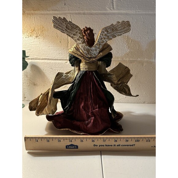 Vintage  Cartapesta Style 12” Gold Burgundy Green Angel Tree Topper Paper Mache - Picture 3 of 6
